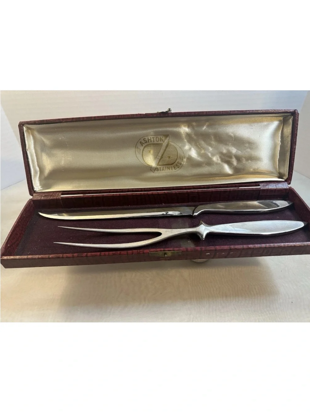 VINTAGE ASHTON STAINLESS SOLID CARVING SET IN ORIGINAL CASE MADE IN SWEDEN